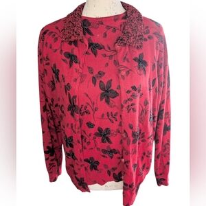 Lisa International Red Floral beaded 2 piece Cardigan XL